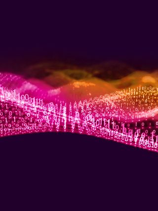 The image shows wave-like digital data streams of luminous binary code numbers in bright pink.