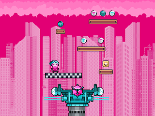 Magenta pixel video game with player and small Deutsche Telekom logos in a virtual city