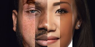Gesicht, das sich aus den Gesichtern mehrerer männlicher und weiblicher Personen verschiedener Hautfarben zusammensetzt.